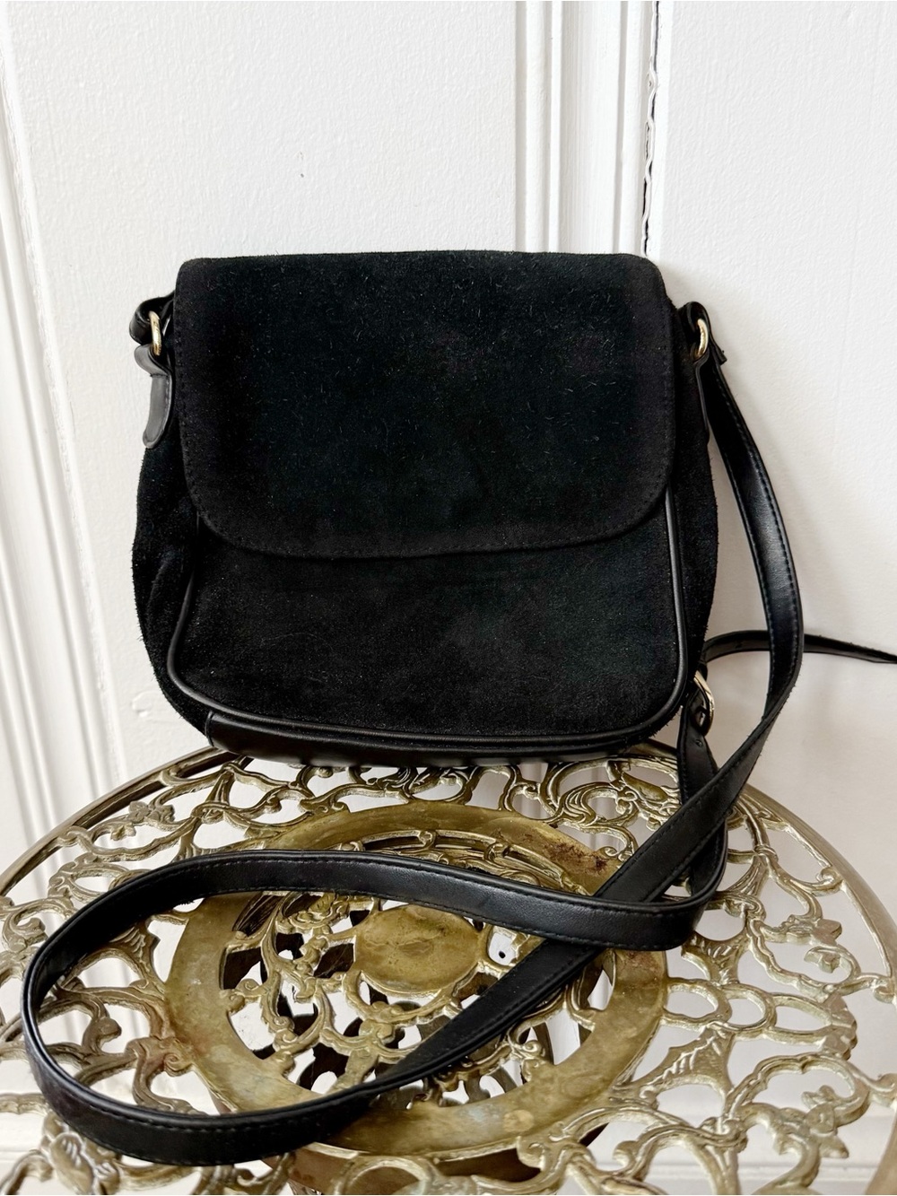 90s Classic Black Suede Leather Crossbody Bag